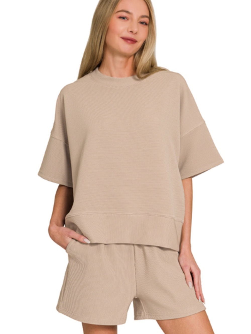 Zenana RIBBED ROUND NECK WAIST BANDED TEE & SHORTS SET